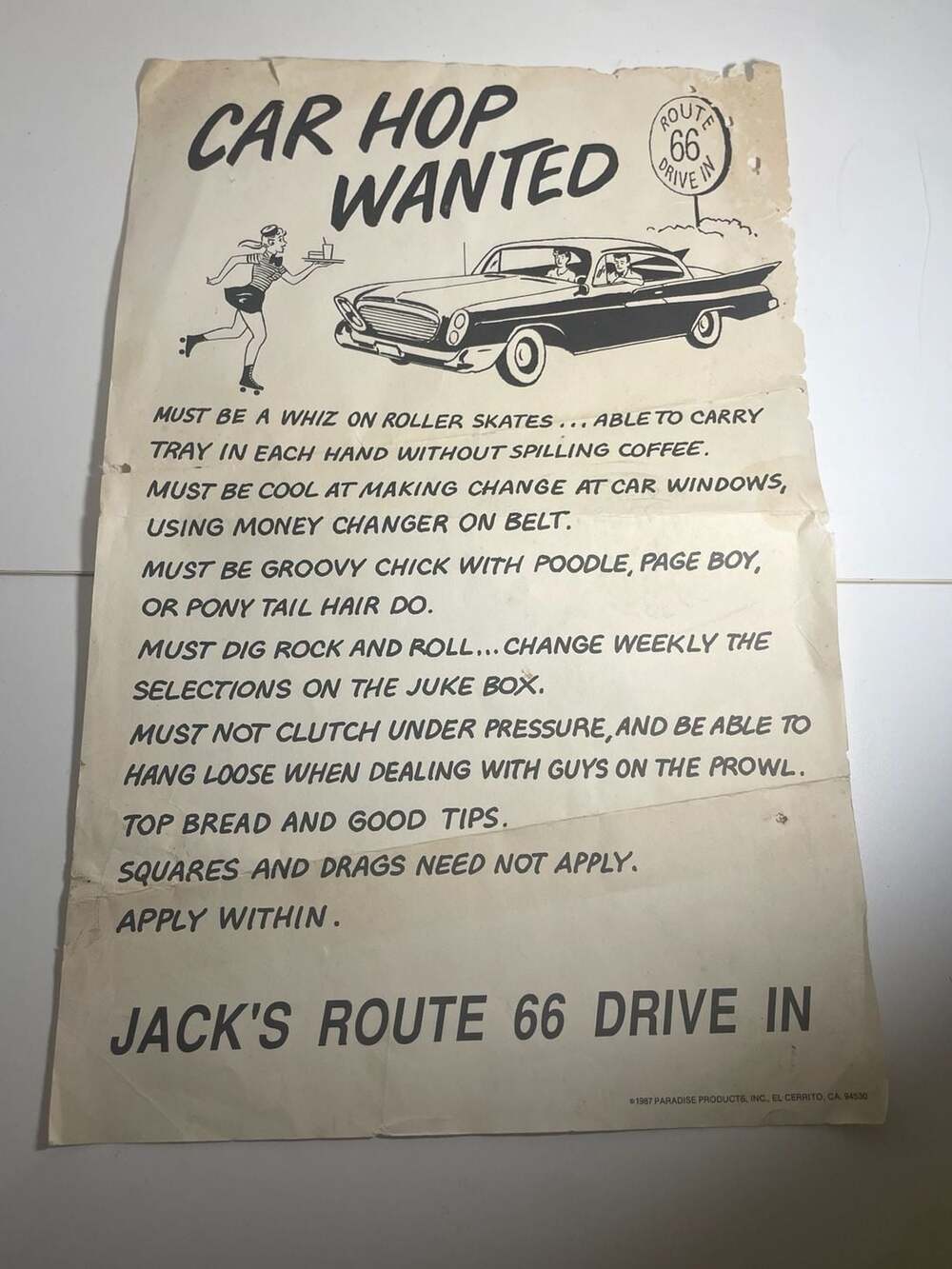 Vintage 1987 Car Hop Wanted Poster Route 66 Drive In Paradise Products Diner